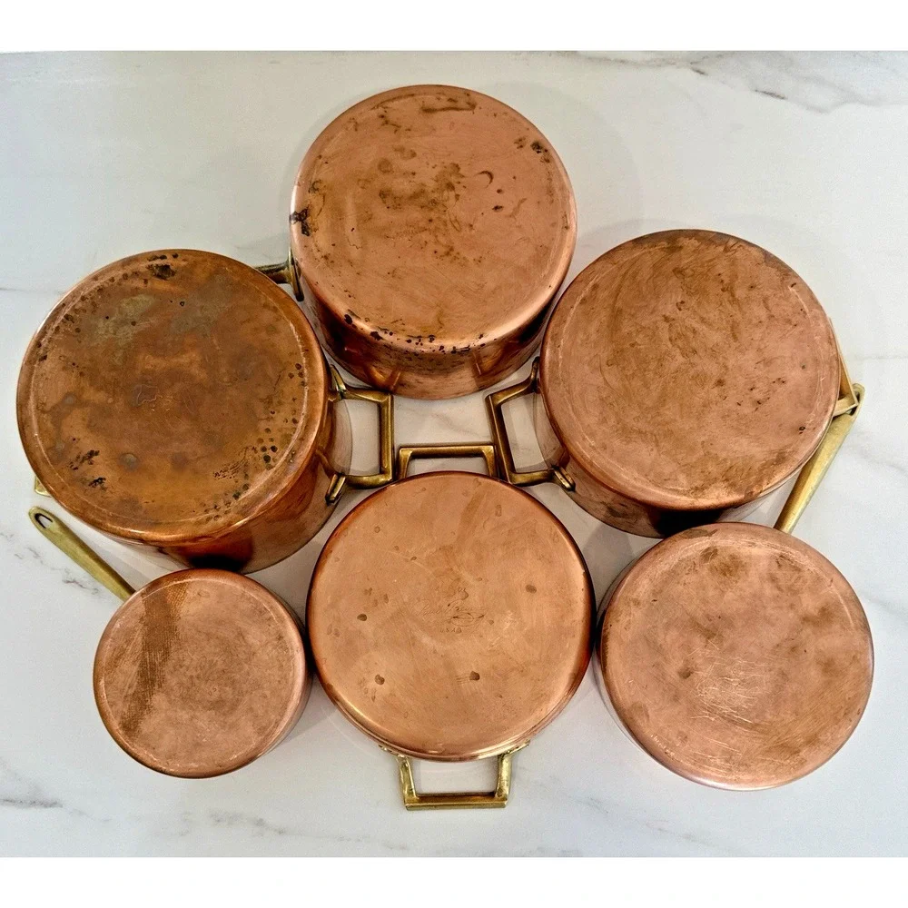 Copper Pans Paul Revere 11 Pc Cookware Set Brass Handles USA Vintage Signed